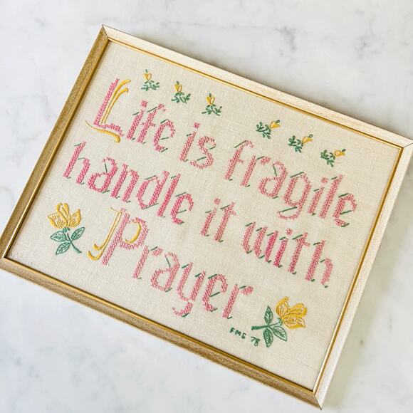 Vintage 70s Life is Fragile Handle it with Prayer Rose Embroidered Picture - Picture 3 of 6